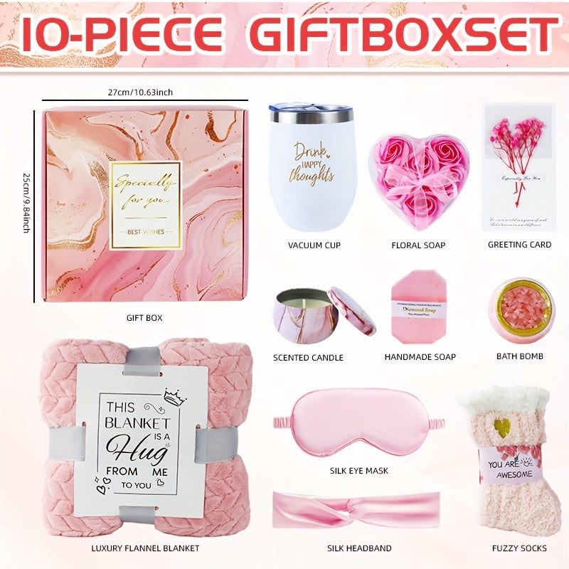 Bath Gift Set with Rose Scented Candles, Dried Flowers, Bath Salt Balls, Water Cups, Eye Masks, Blankets, Soaps, Socks, Hair Ribbons, Can Be Used As Birthday, Christmas, Mother's Day, Valentine's Day Gifts for Family, Friends