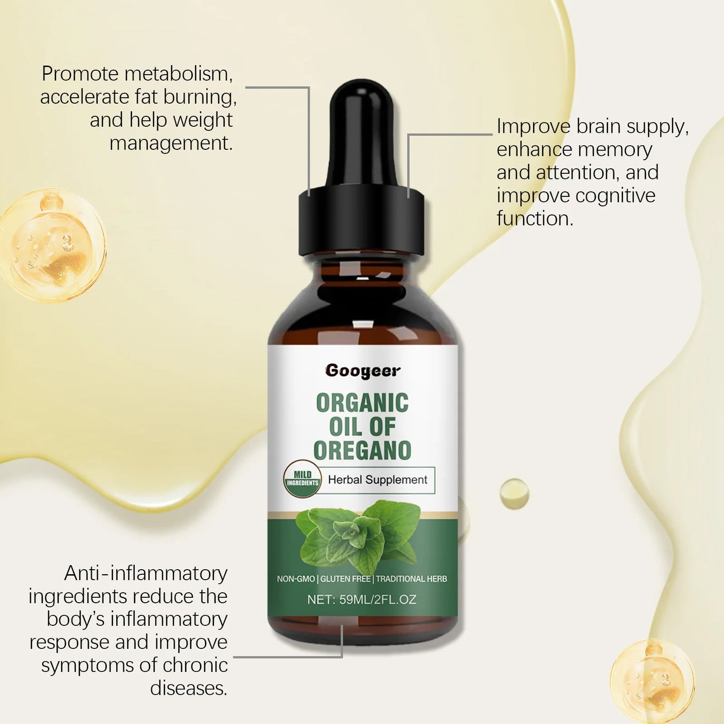 59ml Herbal Supplement Drops, Natural Oregano Oil, Improve Immunity, Digestion