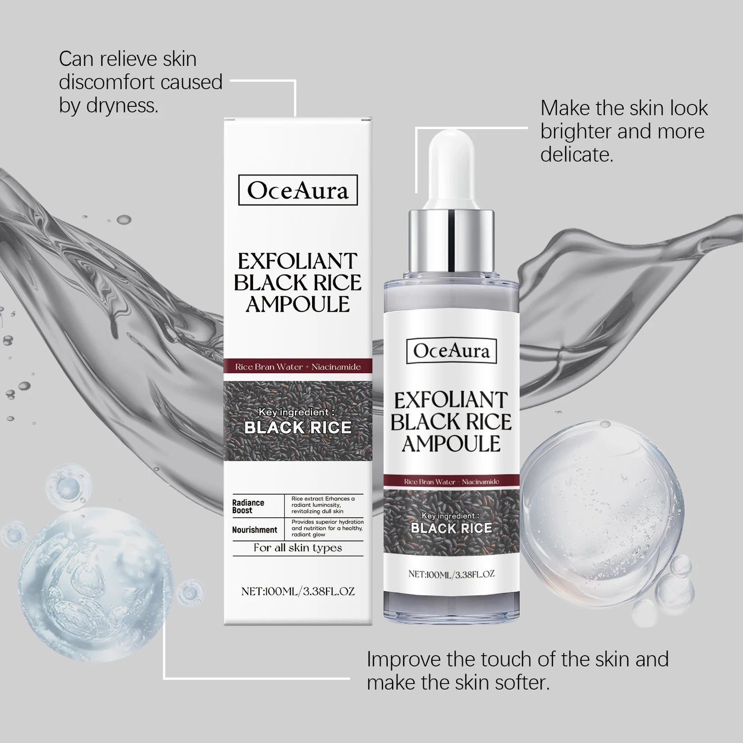 Oceaura Black Rice, Face Exfoliating Liquid, Gentle Removal of Dead Skin, Oil Control, Face Serum, Ampoule