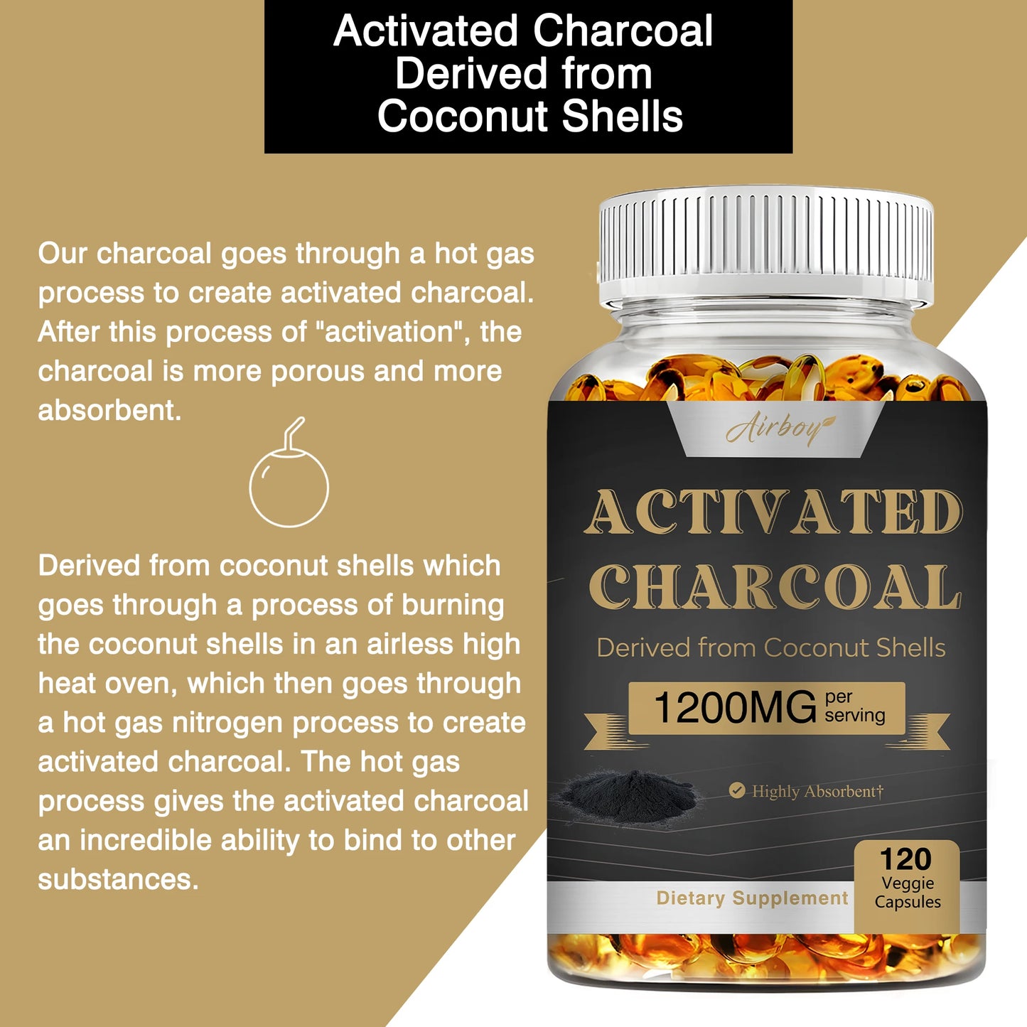 Activated Charcoal - Gut Health, Digestive Health, Bloating & Gas Relief, Detox, Colon Cleansing - 120 Capsules