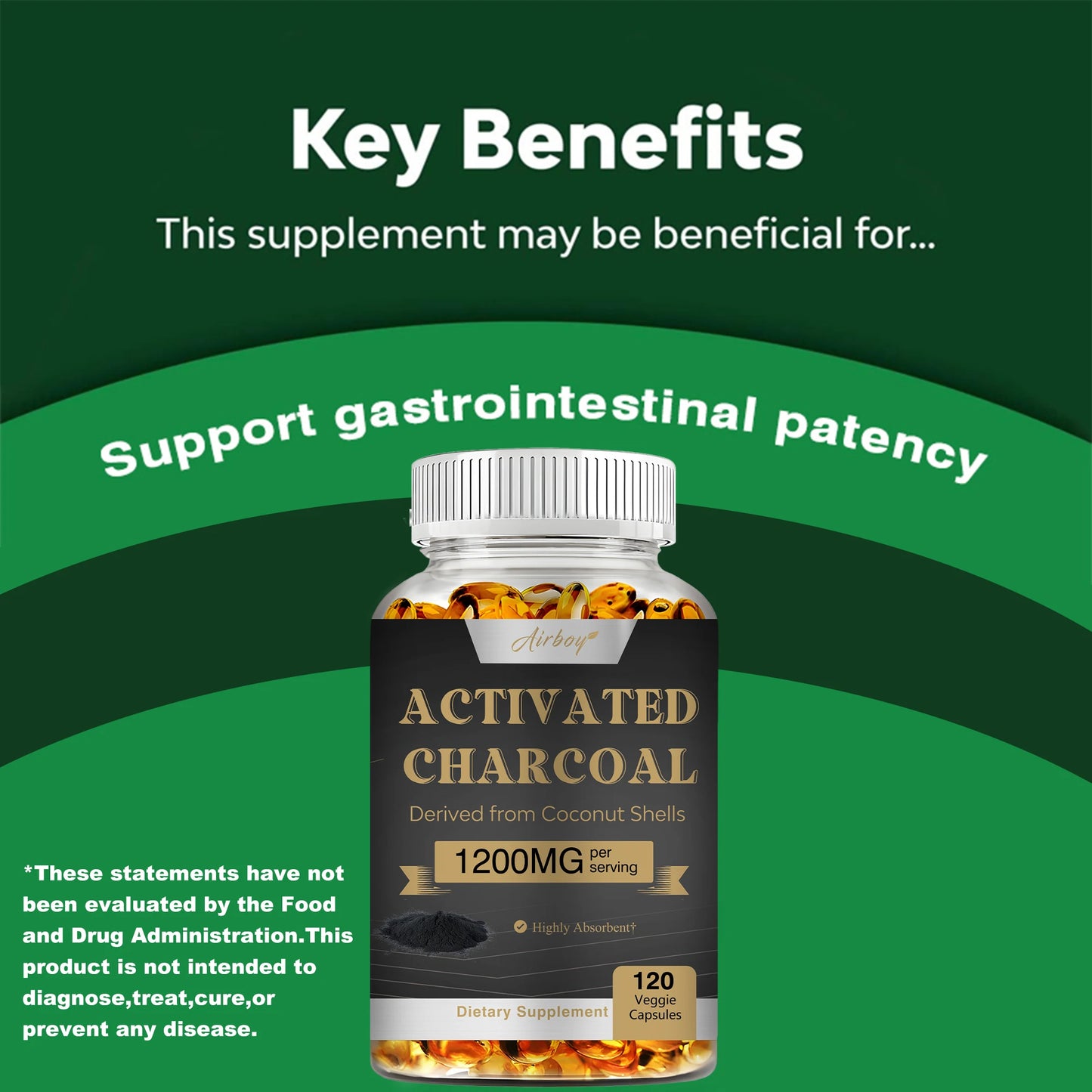 Activated Charcoal - Gut Health, Digestive Health, Bloating & Gas Relief, Detox, Colon Cleansing - 120 Capsules