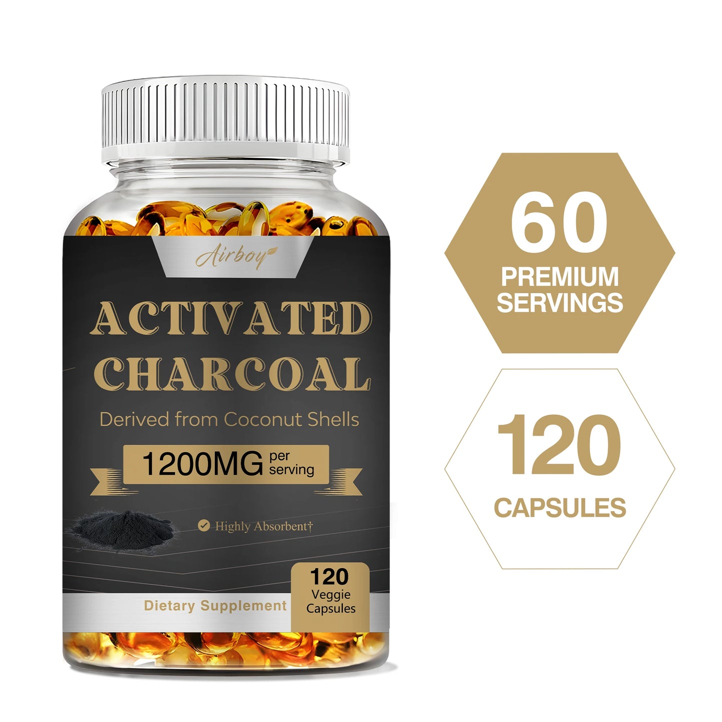 Activated Charcoal - Gut Health, Digestive Health, Bloating & Gas Relief, Detox, Colon Cleansing - 120 Capsules