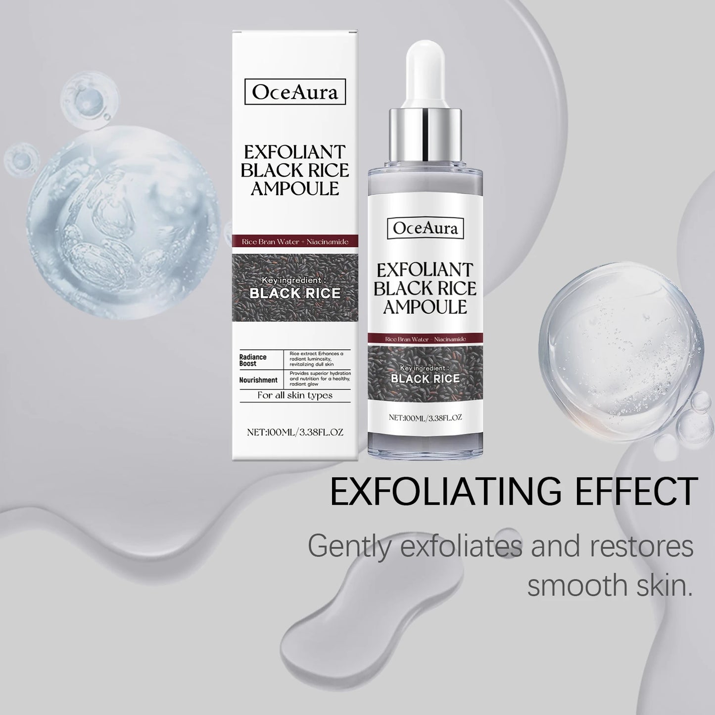 Oceaura Black Rice, Face Exfoliating Liquid, Gentle Removal of Dead Skin, Oil Control, Face Serum, Ampoule