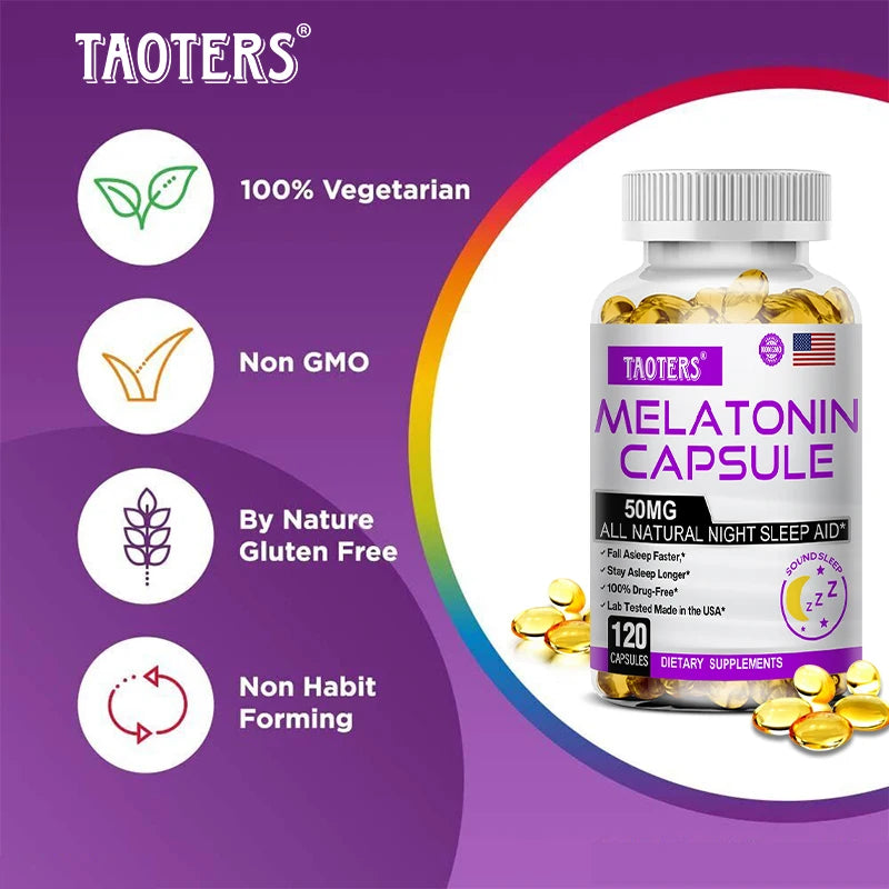 Melatonin Capsules - All-natural Nighttime Sleep Aid for Adults, Insomnia, Relaxation, Deep Sleep, Vegan, Non-GMO