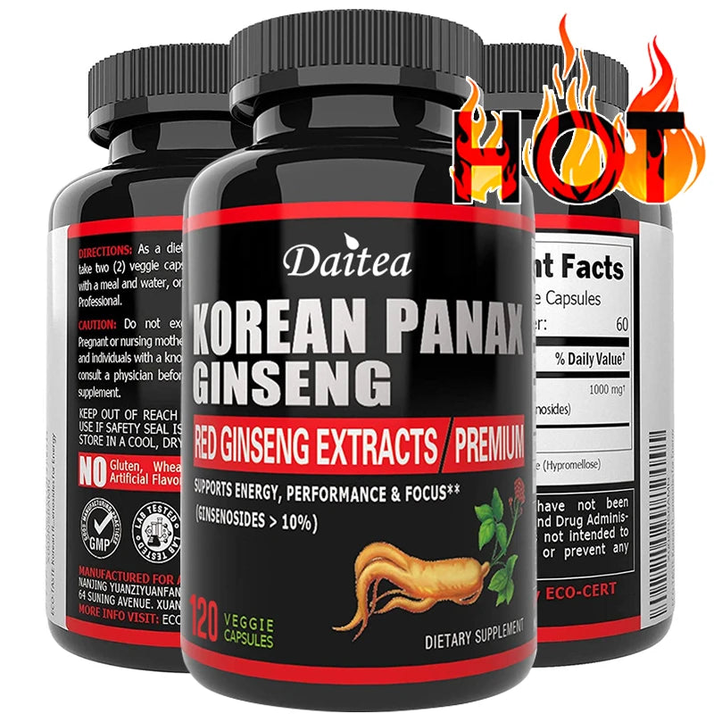 Korean Red Ginseng, Vegetarian Capsules - Balances Energy Levels, Reduces Stress, Helps Maintain Memory, Focus, and Fights Fatigue