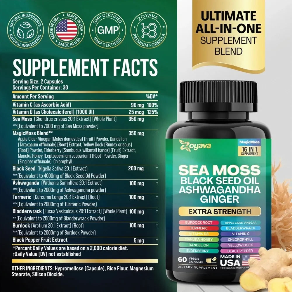 Sea Moss Blend, Black seed oil, Ashwagandha, Ginger, All-in-One Formula with over 15+ Super Ingredients, Extra Strength & High Potency