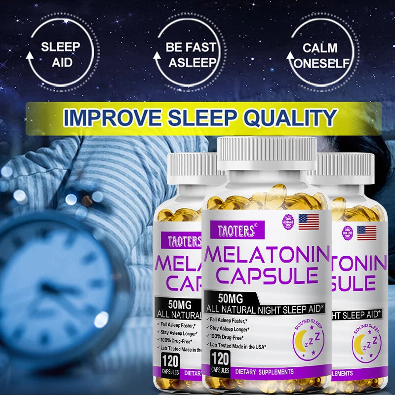 Melatonin Capsules - All-natural Nighttime Sleep Aid for Adults, Insomnia, Relaxation, Deep Sleep, Vegan, Non-GMO