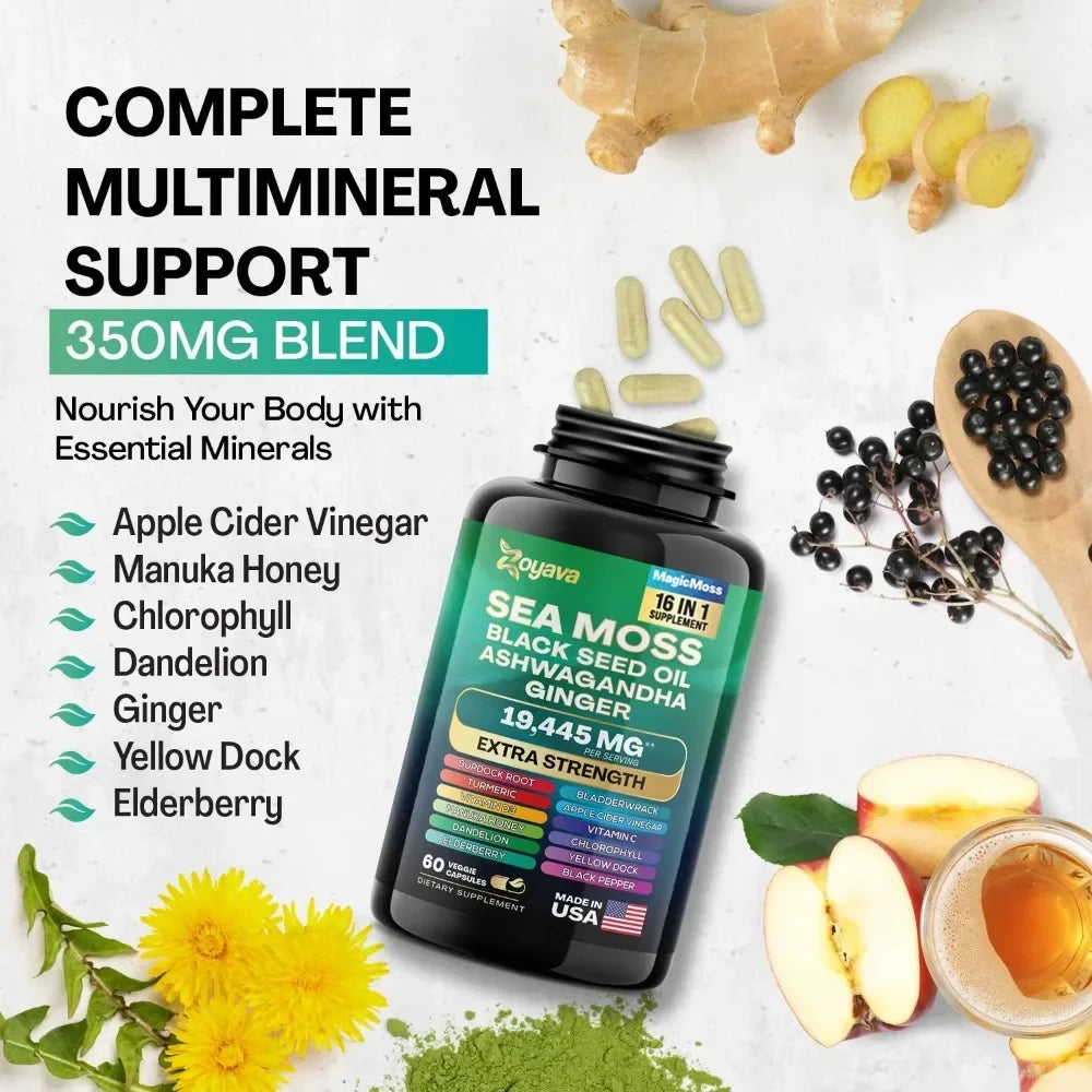 Sea Moss Blend, Black seed oil, Ashwagandha, Ginger, All-in-One Formula with over 15+ Super Ingredients, Extra Strength & High Potency
