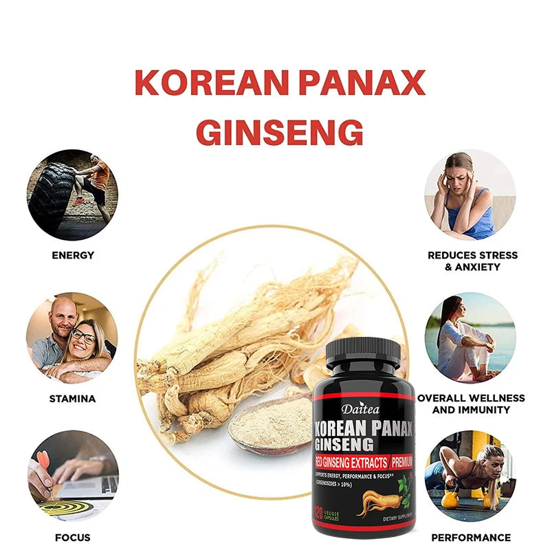 Korean Red Ginseng, Vegetarian Capsules - Balances Energy Levels, Reduces Stress, Helps Maintain Memory, Focus, and Fights Fatigue