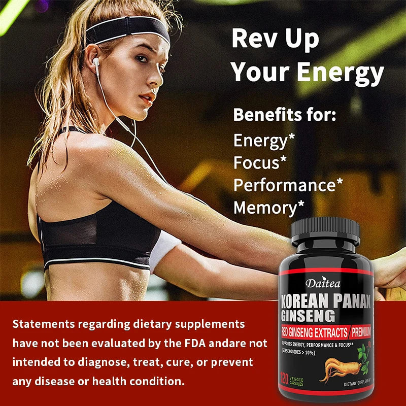 Korean Red Ginseng, Vegetarian Capsules - Balances Energy Levels, Reduces Stress, Helps Maintain Memory, Focus, and Fights Fatigue