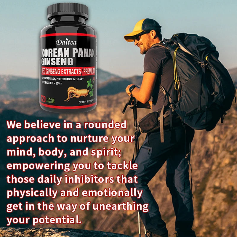 Korean Red Ginseng, Vegetarian Capsules - Balances Energy Levels, Reduces Stress, Helps Maintain Memory, Focus, and Fights Fatigue