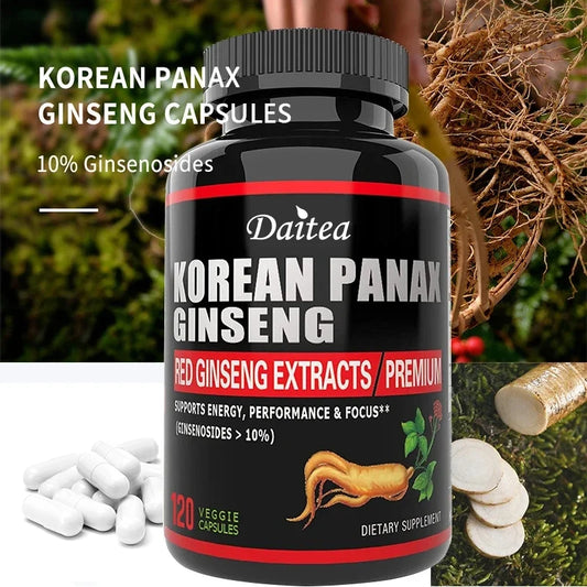 Korean Red Ginseng, Vegetarian Capsules - Balances Energy Levels, Reduces Stress, Helps Maintain Memory, Focus, and Fights Fatigue