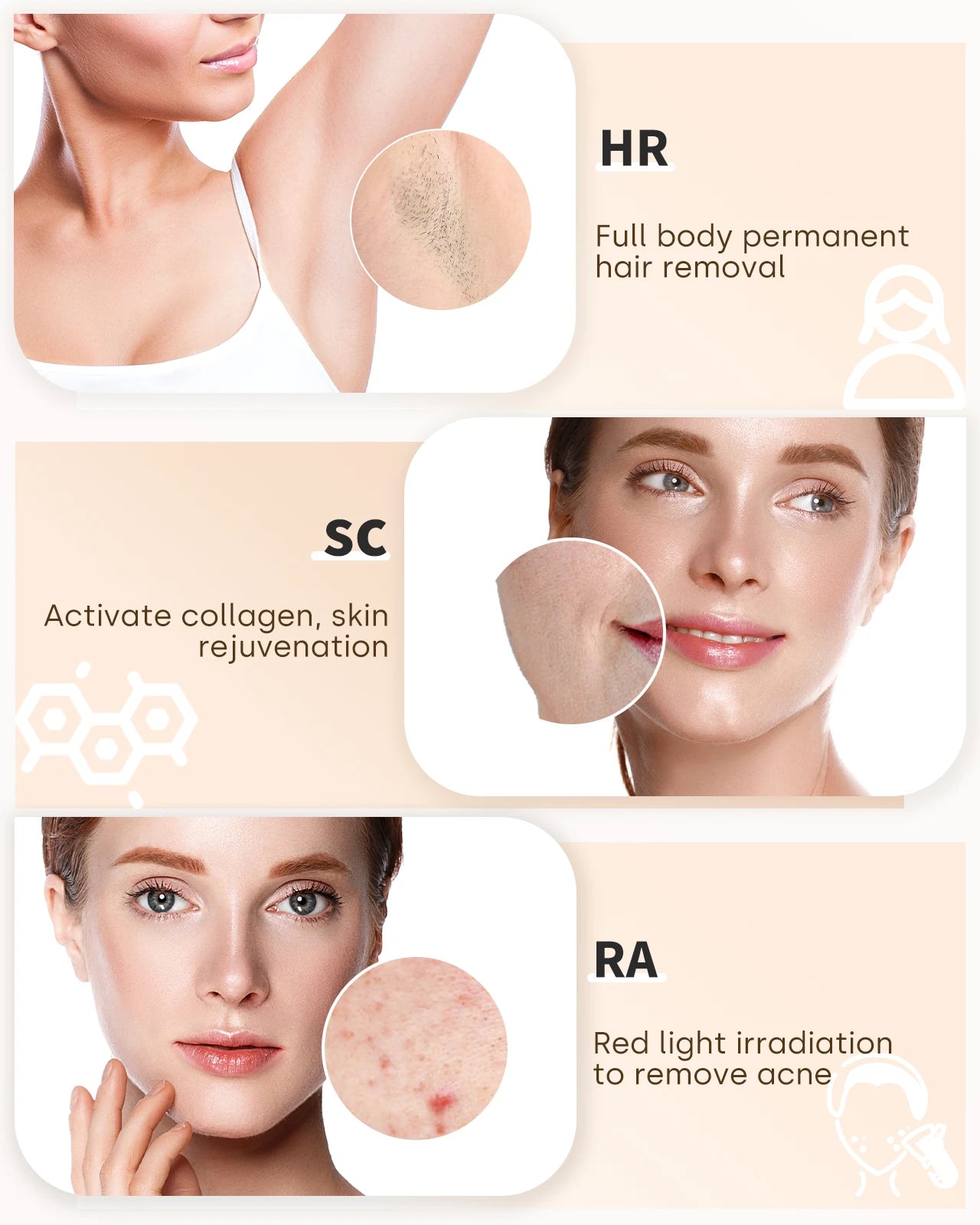 Laser Hair Removal At Home 999900+ Flashes Painless Pulsed Light Epilator HR/RA/SC 3 in 1 Whole Body