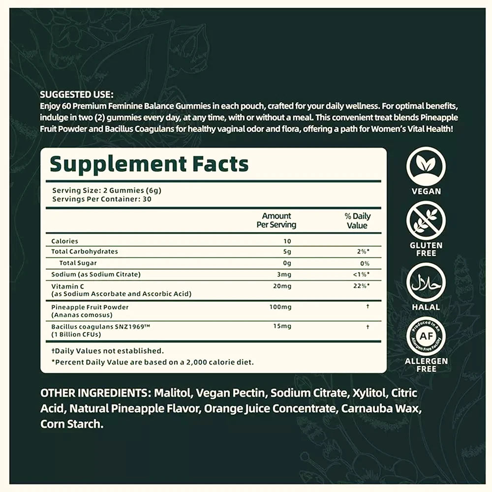 60 pieces of Vital Source Feminine Balance Gummies, for women - Hawaiian Pineapple