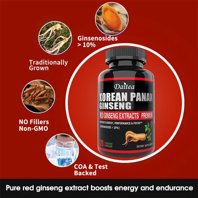 Korean Red Ginseng, Vegetarian Capsules - Balances Energy Levels, Reduces Stress, Helps Maintain Memory, Focus, and Fights Fatigue
