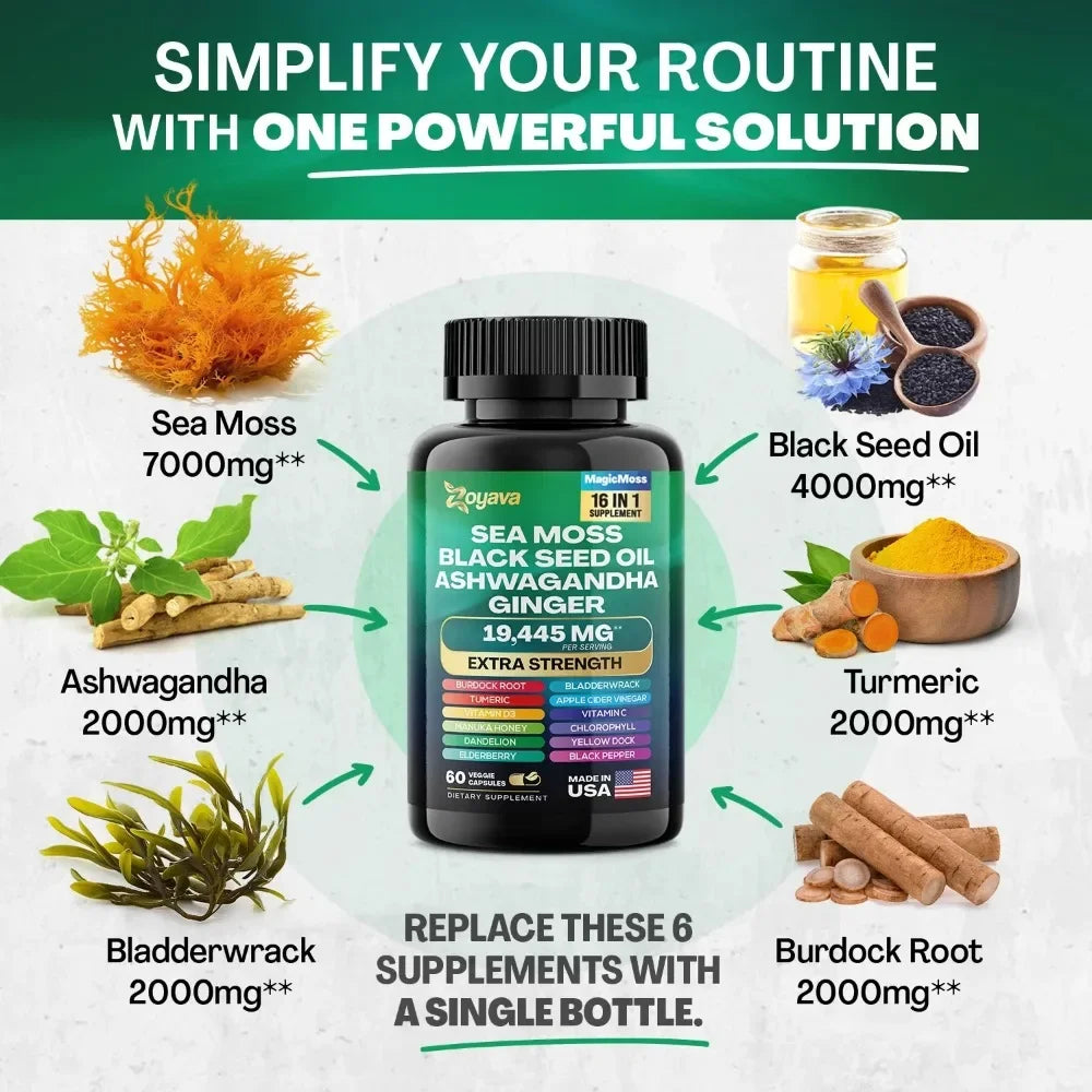 Sea Moss Blend, Black seed oil, Ashwagandha, Ginger, All-in-One Formula with over 15+ Super Ingredients, Extra Strength & High Potency