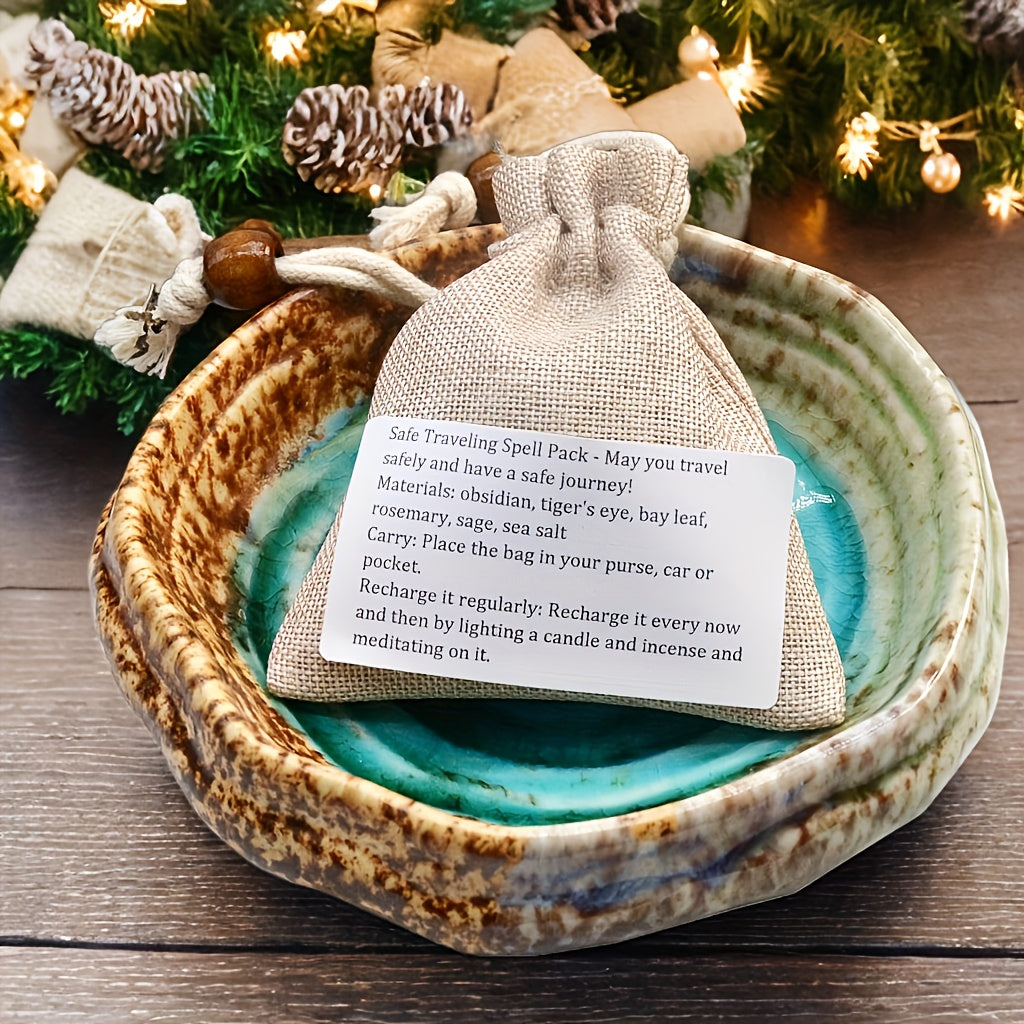 Herbal Aromatherapy, Travel Protection Bag, with Laurel Leaves, Mugwort, Rosemary, Sage, Salt, Tiger Eye and Obsidian. Also comes with 3 sets of DIY ritual jars