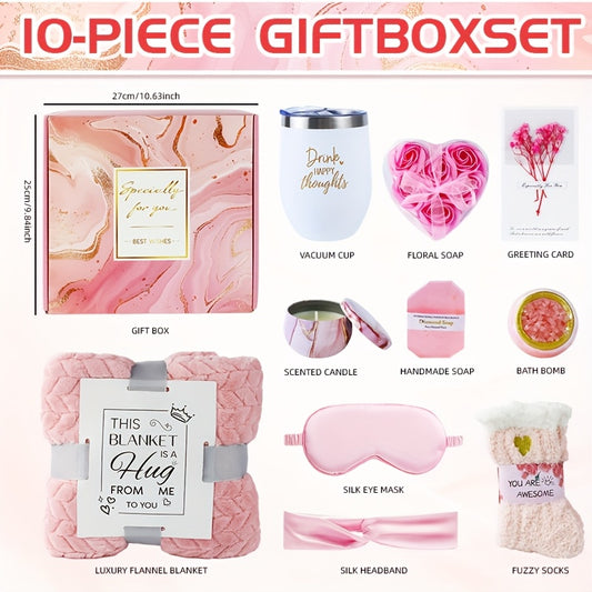 Bath Gift Set with Rose Scented Candles, Dried Flowers, Bath Salt Balls, Water Cups, Eye Masks, Blankets, Soaps, Socks, Hair Ribbons, Can Be Used As Birthday, Christmas, Mother's Day, Valentine's Day Gifts for Family, Friends