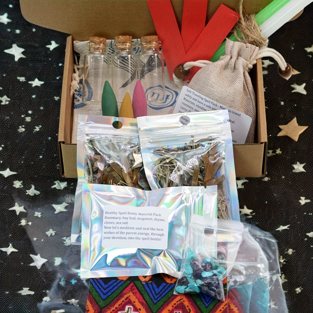 Herbal Aromatherapy, Travel Protection Bag, with Laurel Leaves, Mugwort, Rosemary, Sage, Salt, Tiger Eye and Obsidian. Also comes with 3 sets of DIY ritual jars