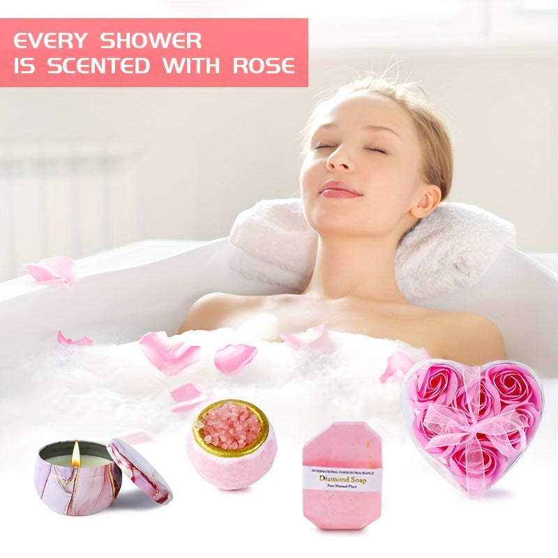 Bath Gift Set with Rose Scented Candles, Dried Flowers, Bath Salt Balls, Water Cups, Eye Masks, Blankets, Soaps, Socks, Hair Ribbons, Can Be Used As Birthday, Christmas, Mother's Day, Valentine's Day Gifts for Family, Friends
