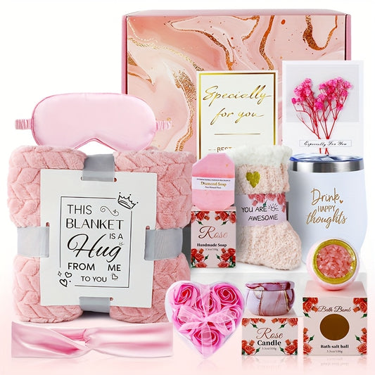 Bath Gift Set with Rose Scented Candles, Dried Flowers, Bath Salt Balls, Water Cups, Eye Masks, Blankets, Soaps, Socks, Hair Ribbons, Can Be Used As Birthday, Christmas, Mother's Day, Valentine's Day Gifts for Family, Friends