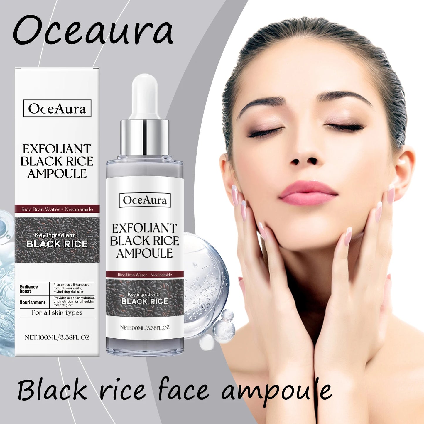 Oceaura Black Rice, Face Exfoliating Liquid, Gentle Removal of Dead Skin, Oil Control, Face Serum, Ampoule