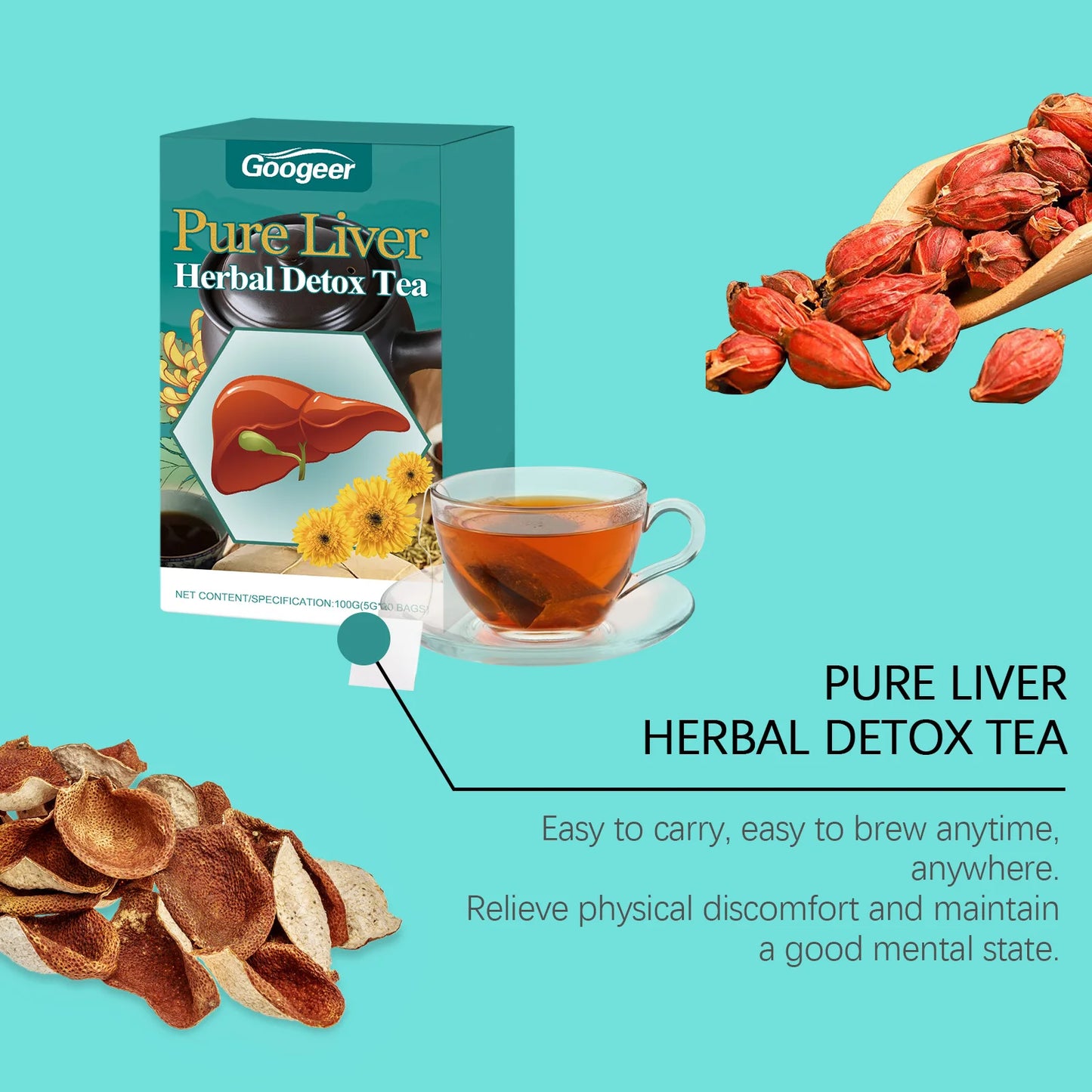 100g Liver Herbal Detox Tea, Support Health, Energy, Repair Body Fat, Metabolism, Dietary Supplement, Detoxify Liver