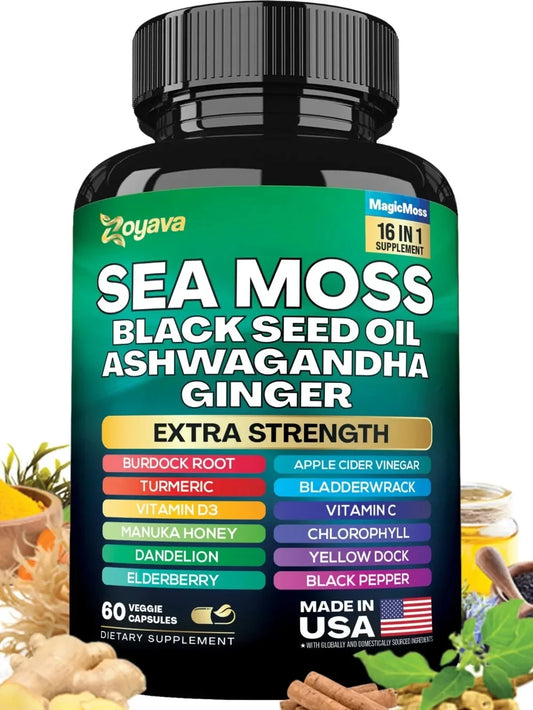 Sea Moss Blend, Black seed oil, Ashwagandha, Ginger,  All-in-One Formula with over 15+ Super Ingredients, Extra Strength & High Potency