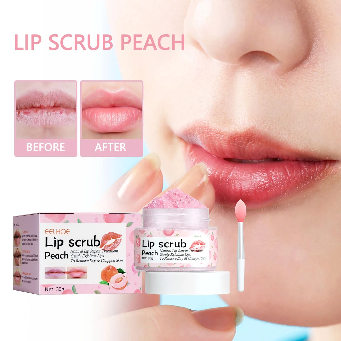 Pink Lip Scrub, Exfoliator, Dead Skin Removal, Lightening, Fade Lip Lines, Moisturizing, Makeup Lip Care