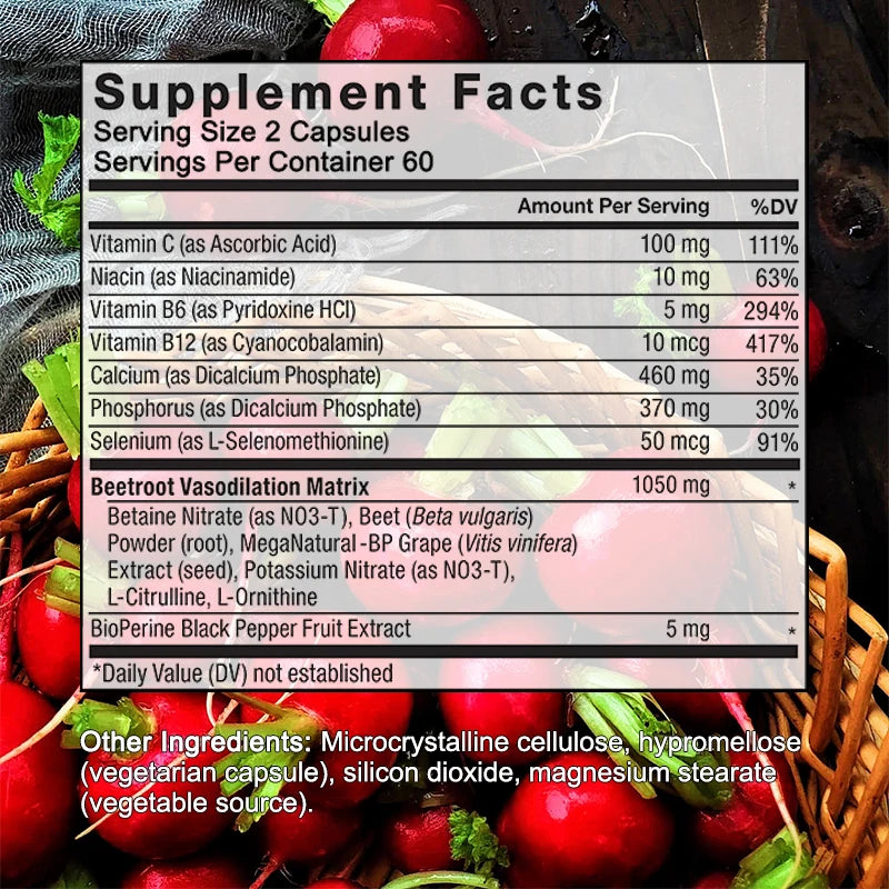 Beetroot Capsules Organic Beetroot Powder Extract, Black Pepper, Nitric Oxide Production, Blood Circulation, Blood Pressure Health