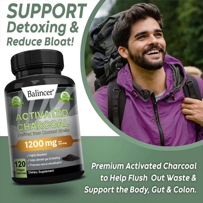 Activated Charcoal Capsules 1,200 Mg - Organic Coconut Shell, Helps Relieve Gas & Bloating, Detox & Bowel, Digestive Supplement