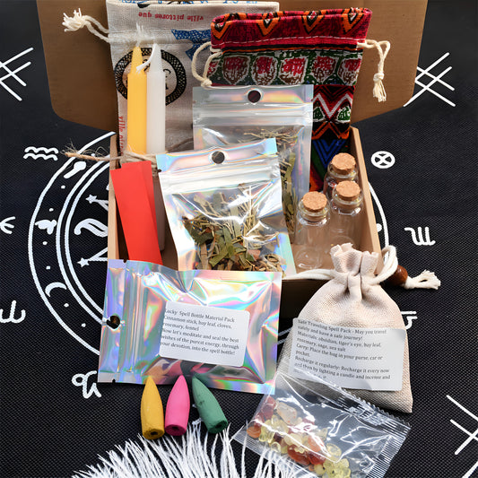 Herbal Aromatherapy, Travel Protection Bag, with Laurel Leaves, Mugwort, Rosemary, Sage, Salt, Tiger Eye and Obsidian. Also comes with 3 sets of DIY ritual jars