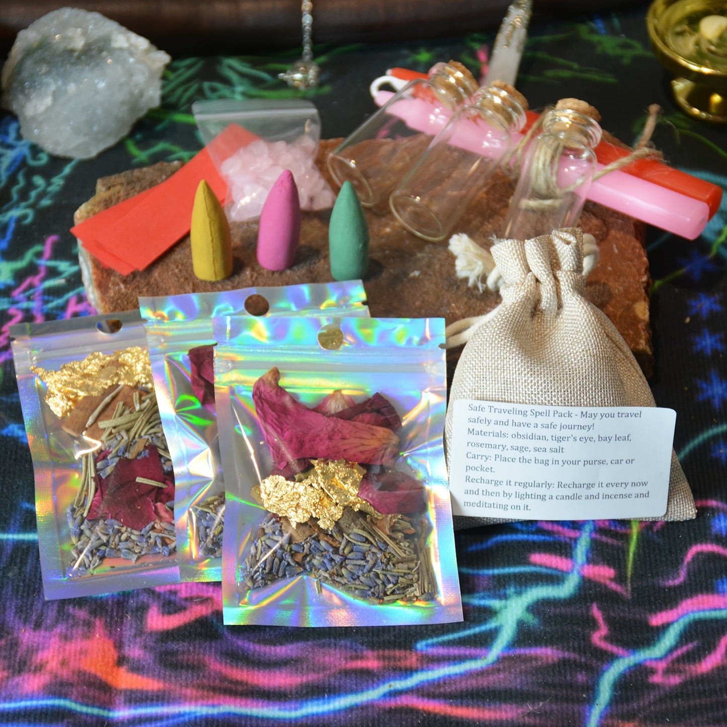 Herbal Aromatherapy, Travel Protection Bag, with Laurel Leaves, Mugwort, Rosemary, Sage, Salt, Tiger Eye and Obsidian. Also comes with 3 sets of DIY ritual jars
